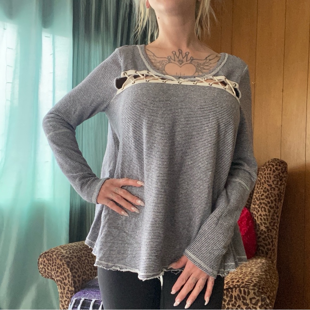 Free People flowy cotton striped sweater with lace front detail